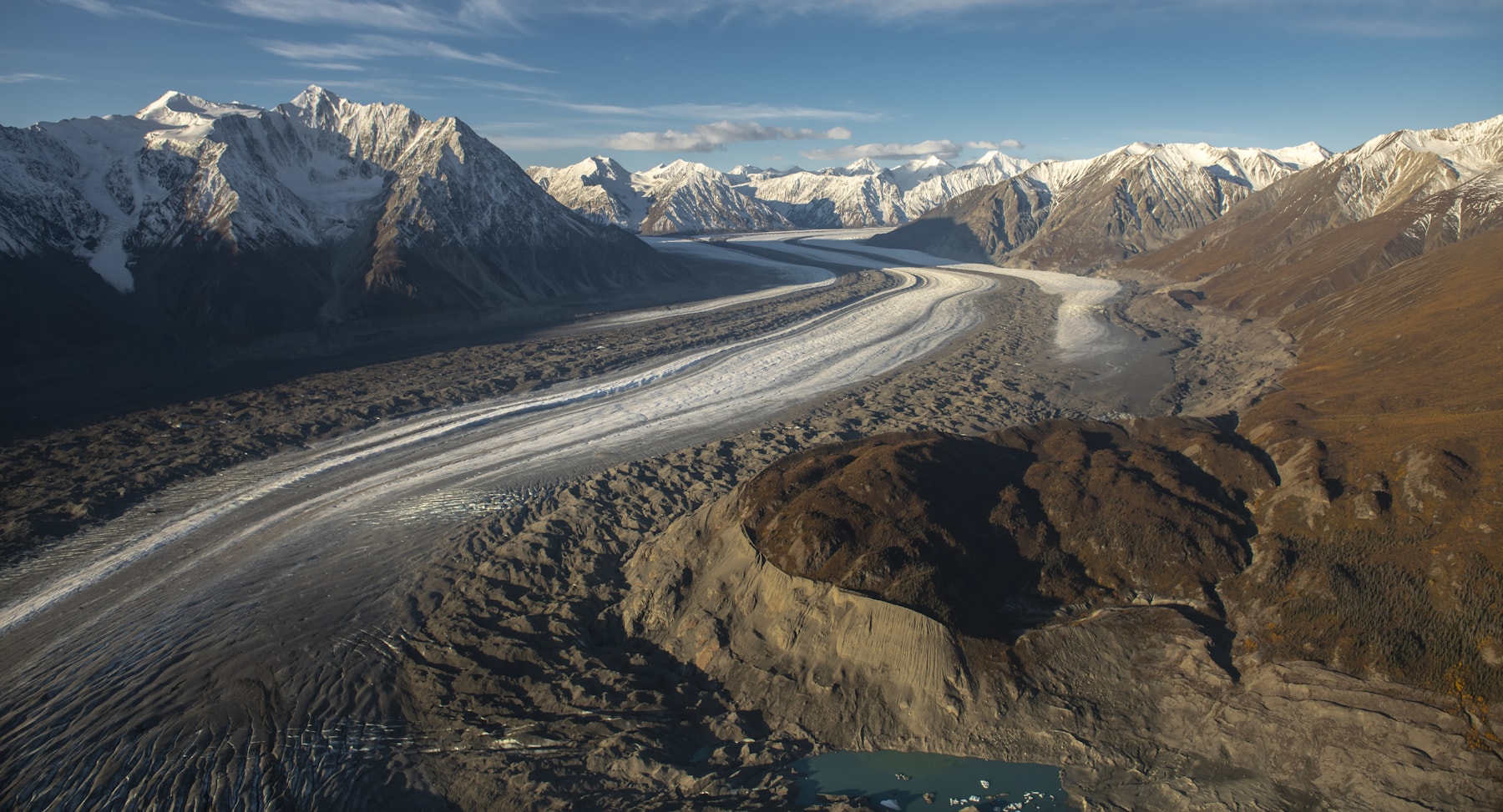Glacier winding through a high mountain valley